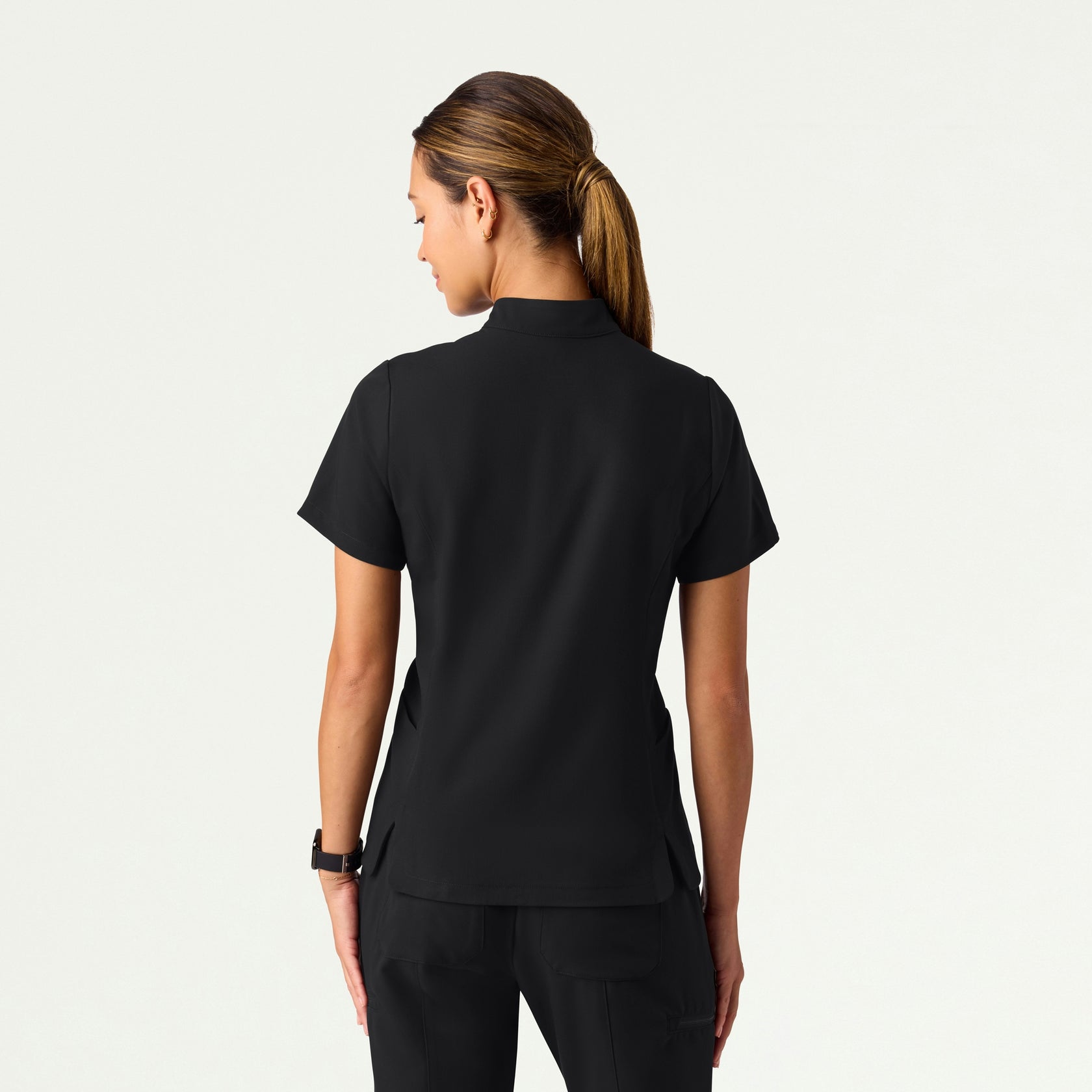 Aria Fit & Flare Mock-Neck Scrub Top - Black - WOMEN'S TOPS - Jaanuu