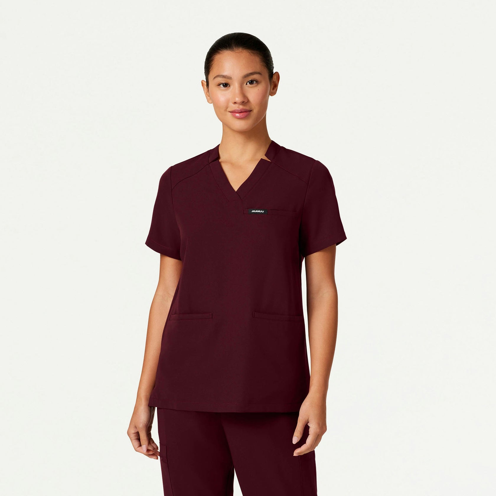 Helia Notched V-Neck Scrub Top - Burgundy - WOMEN'S TOPS - Jaanuu