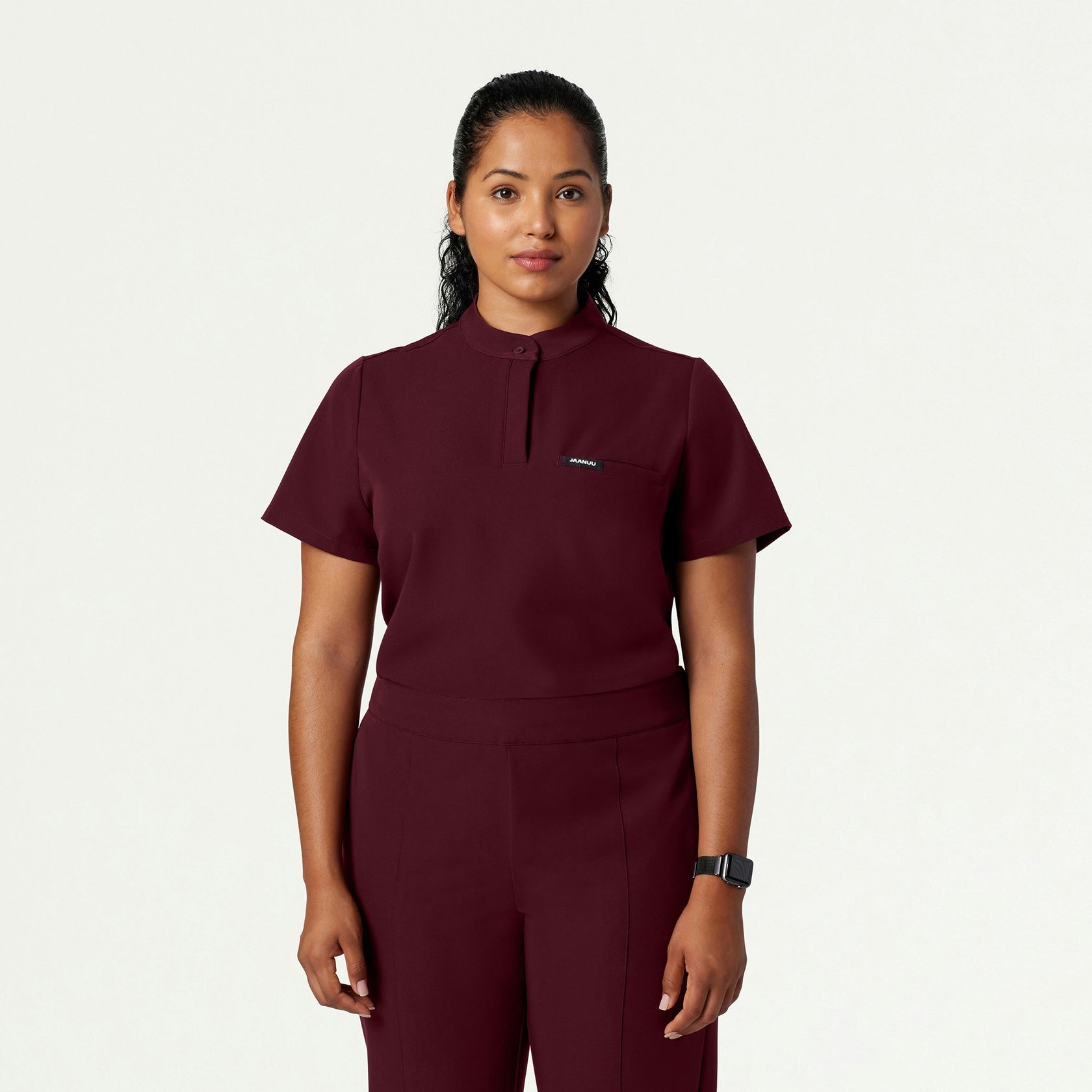 Savi Tuck-In Stand-Collar Scrub Top - Burgundy - WOMEN'S TOPS - Jaanuu