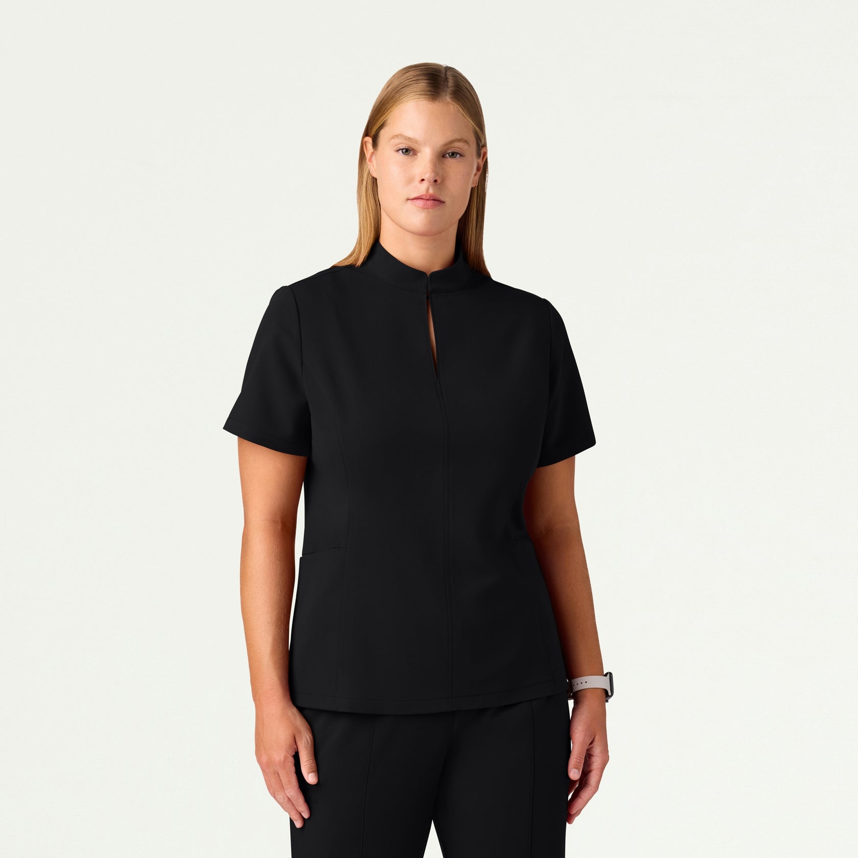 Aria Fit & Flare Mock-Neck Scrub Top - Black - WOMEN'S TOPS - Jaanuu